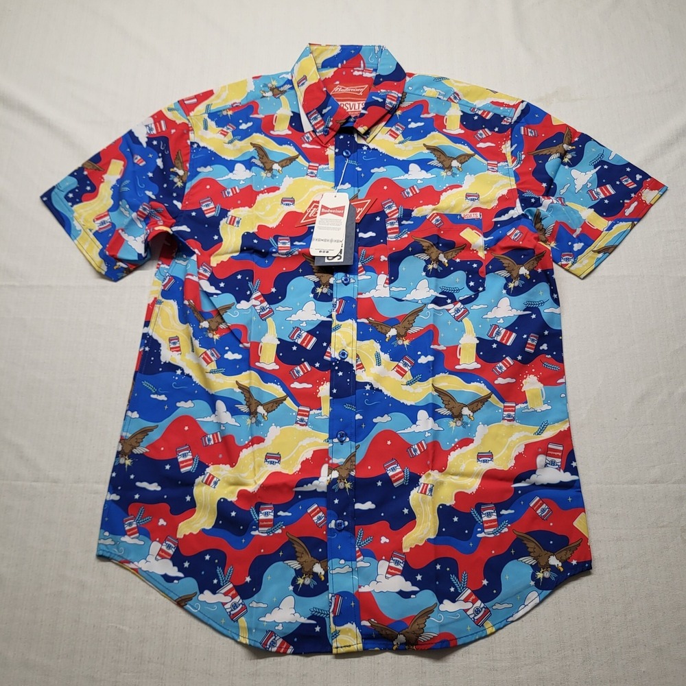 RSVLTS Button Down Shirt Mens Large Blue Budweiser Kunuflex Short Sleeve Stretch